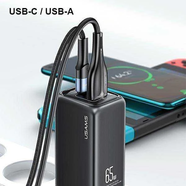 USAMS Laidinis įkroviklis 1xUSB-C+1xUSB T47 65W (only head) PD Fast Charging Super Si juodos spalvos CC153TC01(US-CC