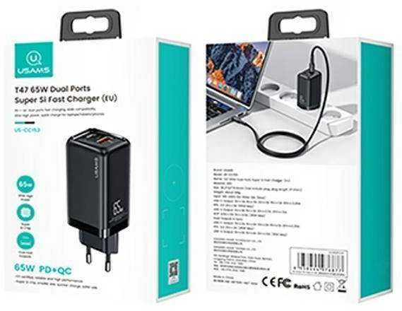 USAMS Laidinis įkroviklis 1xUSB-C+1xUSB T47 65W (only head) PD Fast Charging Super Si juodos spalvos CC153TC01(US-CC