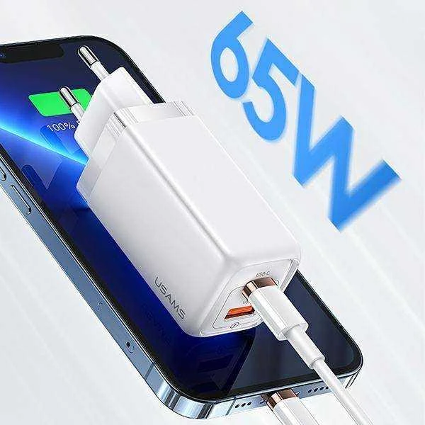USAMS Laidinis įkroviklis 1xUSB-C+1xUSB T47 65W (only head) PD Fast Charging Super Si juodos spalvos CC153TC01(US-CC