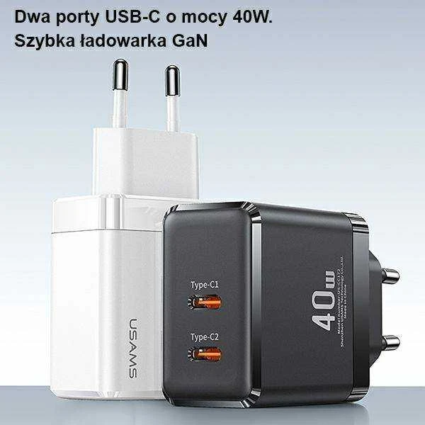 USAMS Laidinis įkroviklis 2xUSB-C T54 GaN 40W (only head) PD Fast Charging baltos spalvos CC172TC02 (US-CC172)