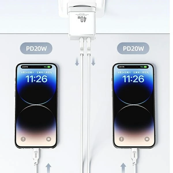 USAMS Laidinis įkroviklis 2xUSB-C T54 GaN 40W (only head) PD Fast Charging baltos spalvos CC172TC02 (US-CC172)