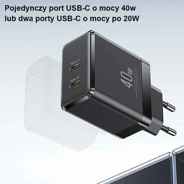 USAMS Laidinis įkroviklis 2xUSB-C T54 GaN 40W (only head) PD Fast Charging baltos spalvos CC172TC02 (US-CC172)