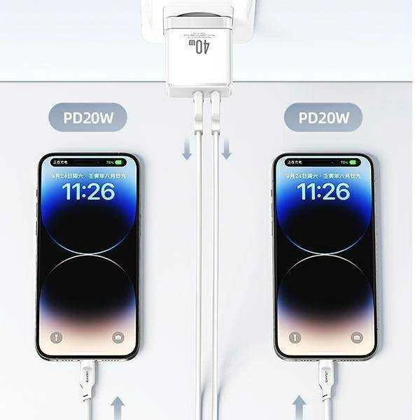 USAMS Laidinis įkroviklis 2xUSB-C T54 GaN 40W (only head) PD Fast Charging baltos spalvos CC172TC02 (US-CC172)