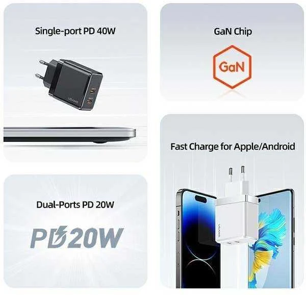 USAMS Laidinis įkroviklis 2xUSB-C T54 GaN 40W (only head) PD Fast Charging baltos spalvos CC172TC02 (US-CC172)