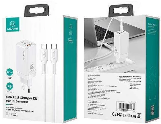 USAMS Laidinis įkroviklis MT 2xUSB-C + USB GaN 65W T33 PD + USB-C to USB-C Cable 100W Fast Charging baltos spalvos