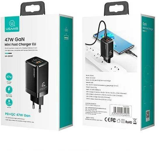 USAMS Laidinis įkroviklis T41 USB-C + USB GaN 47W PD + QC (only head) Fast Charging juodos spalvos CC137TC01 (US-CC1