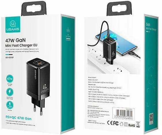 USAMS Tinklo įkroviklis T41 USB-C+USB GaN 47W PD+QC (only head) Fast Charging baltos spalvos CC137TC02 (US-CC137)