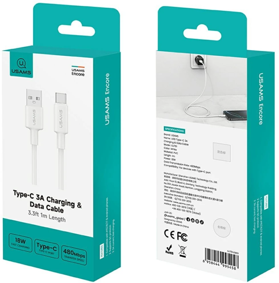 USAMS U90 kabelis 3A USB-A į USB-C baltos spalvos