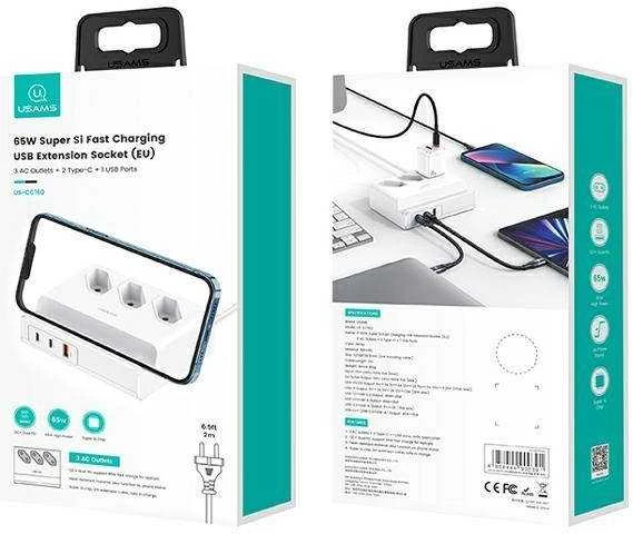 USAMS maitinimo lizdas 65W Super Si greito įkrovimo USB prailgintuvas, ES baltos spalvos CC160TC01 (US-CC160)