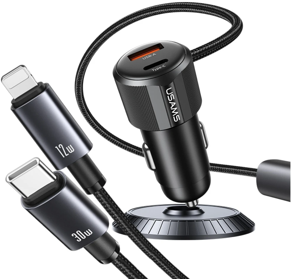 USAMS YT Series CC287 automobilinis įkroviklis 66W 1xUSB-A 1xUSB-C + 2in1 USB-C/Lightning Cable