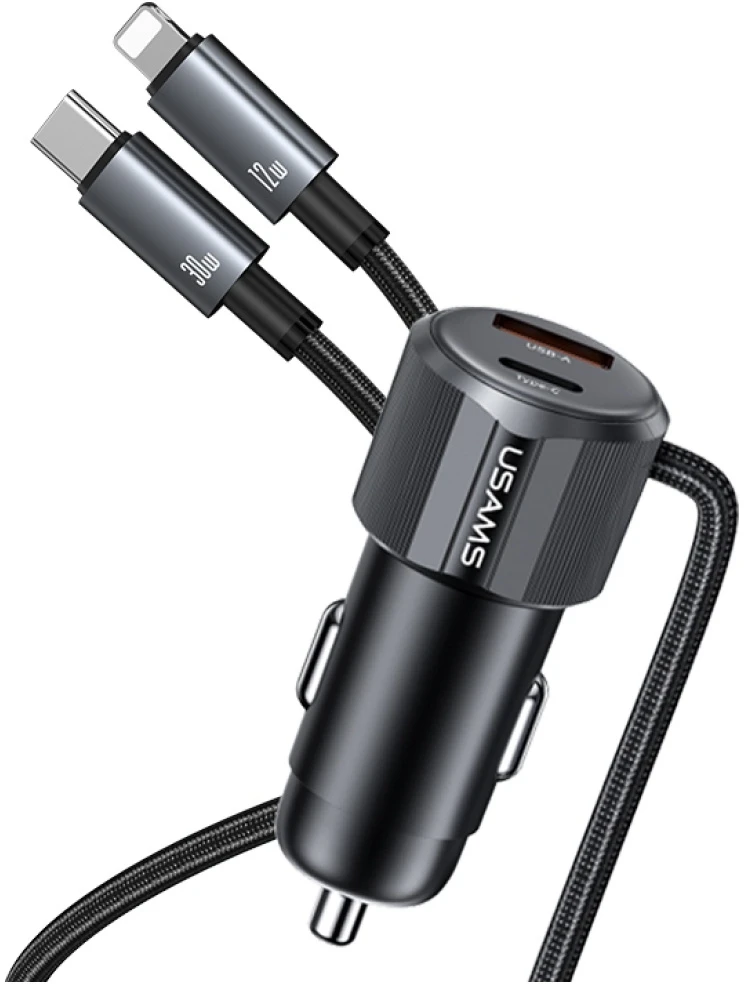 USAMS YT Series CC287 automobilinis įkroviklis 66W 1xUSB-A 1xUSB-C + 2in1 USB-C/Lightning Cable