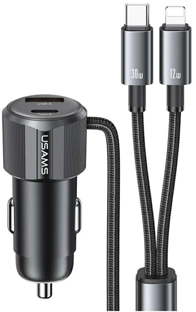 USAMS YT Series CC287 automobilinis įkroviklis 66W 1xUSB-A 1xUSB-C + 2in1 USB-C/Lightning Cable