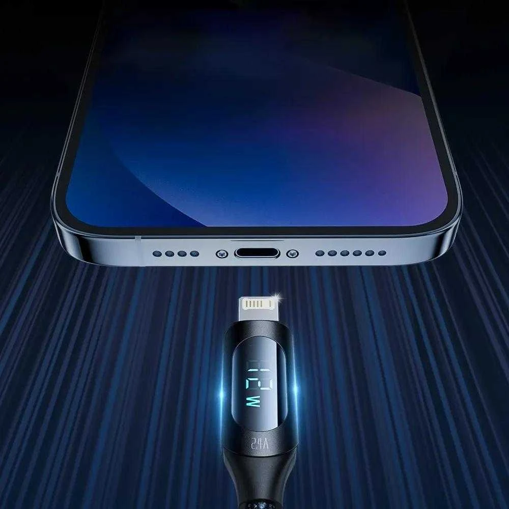 USB-A kabelis – Lightning Wozinsky WUALC1 su LED ekranu 2.4A 1m – juodos spalvos