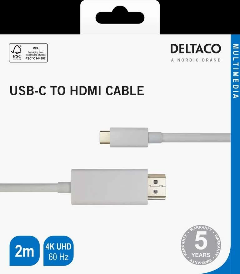 USB-C - HDMI kabelis DELTACO 4K UHD, paauksuotos jungtys, 2m, baltas / USBC-HDMI1021-K / 00140022