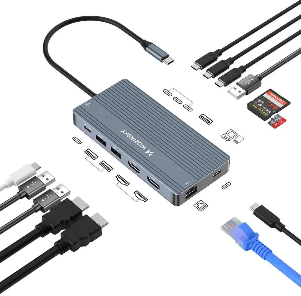 USB-C šakotuvas 14-in-1 Wozinsky WDS03Y5S daugiafunkcis, aliuminis, 3 monitoriams, su 15 cm laidu – pilkas