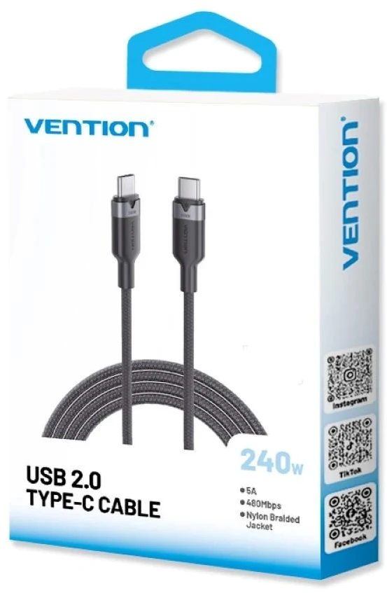 USB-C i C 2.0 Vention 3.1 5A 240W 1m BK kabelis