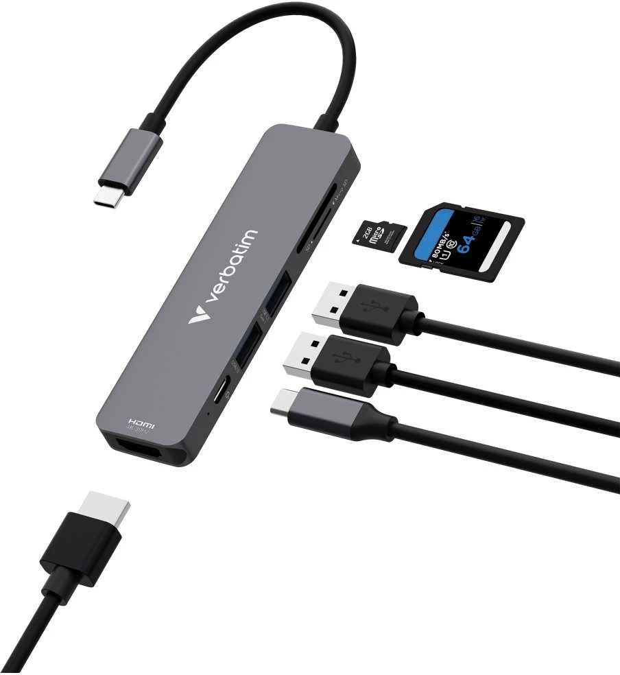 USB Hub Verbatim USB-C/HDMI/USB-A 3.2/USB-A 2.0/SD/Micro SD aliuminio korpusas 32156