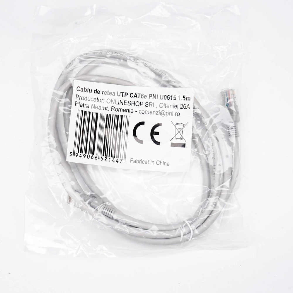 UTP CAT6e PNI U0615 tinklo kabelis, Patch, 2xRJ45 jungtis, 8 laidai x 0.4 mm, 1.5m