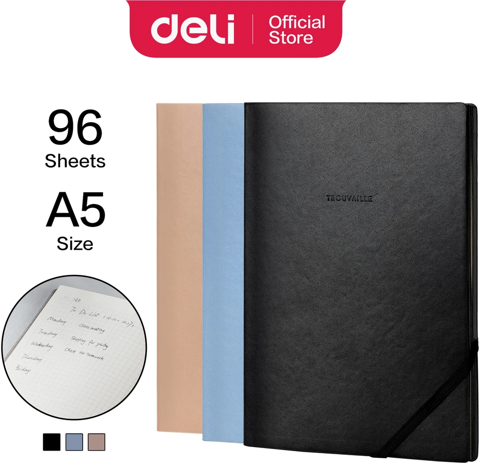 Užrašų knygutė DELI , A5, 96lapų, langeliais, pu-viršelis, įvairių spalvų