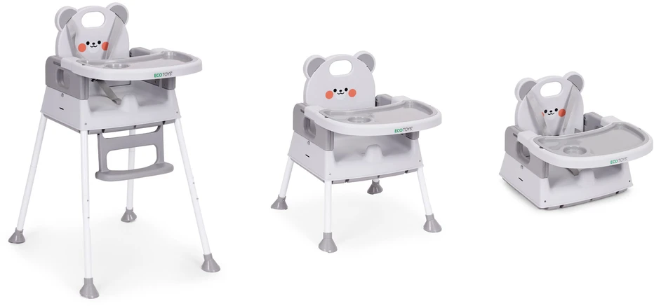 Vaikiška maitinimo kėdutė 3-in-1 su dvigubu padėklu ir 5 taškų saugos diržais, pilka ECOTOYS