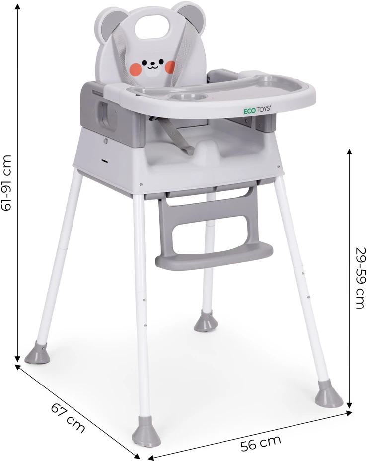 Vaikiška maitinimo kėdutė 3-in-1 su dvigubu padėklu ir 5 taškų saugos diržais, pilka ECOTOYS