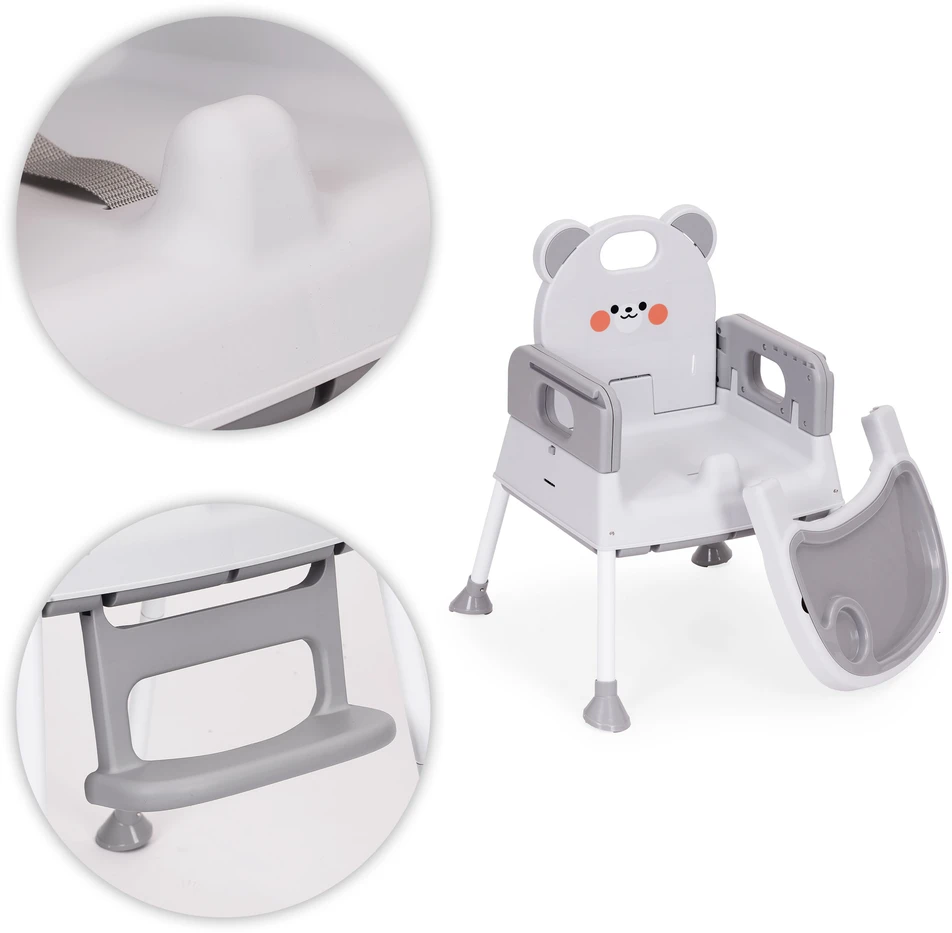 Vaikiška maitinimo kėdutė 3-in-1 su dvigubu padėklu ir 5 taškų saugos diržais, pilka ECOTOYS