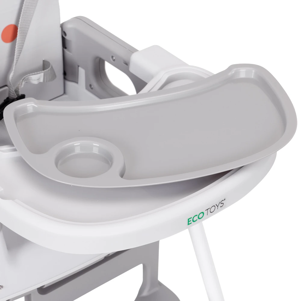 Vaikiška maitinimo kėdutė 3-in-1 su dvigubu padėklu ir 5 taškų saugos diržais, pilka ECOTOYS