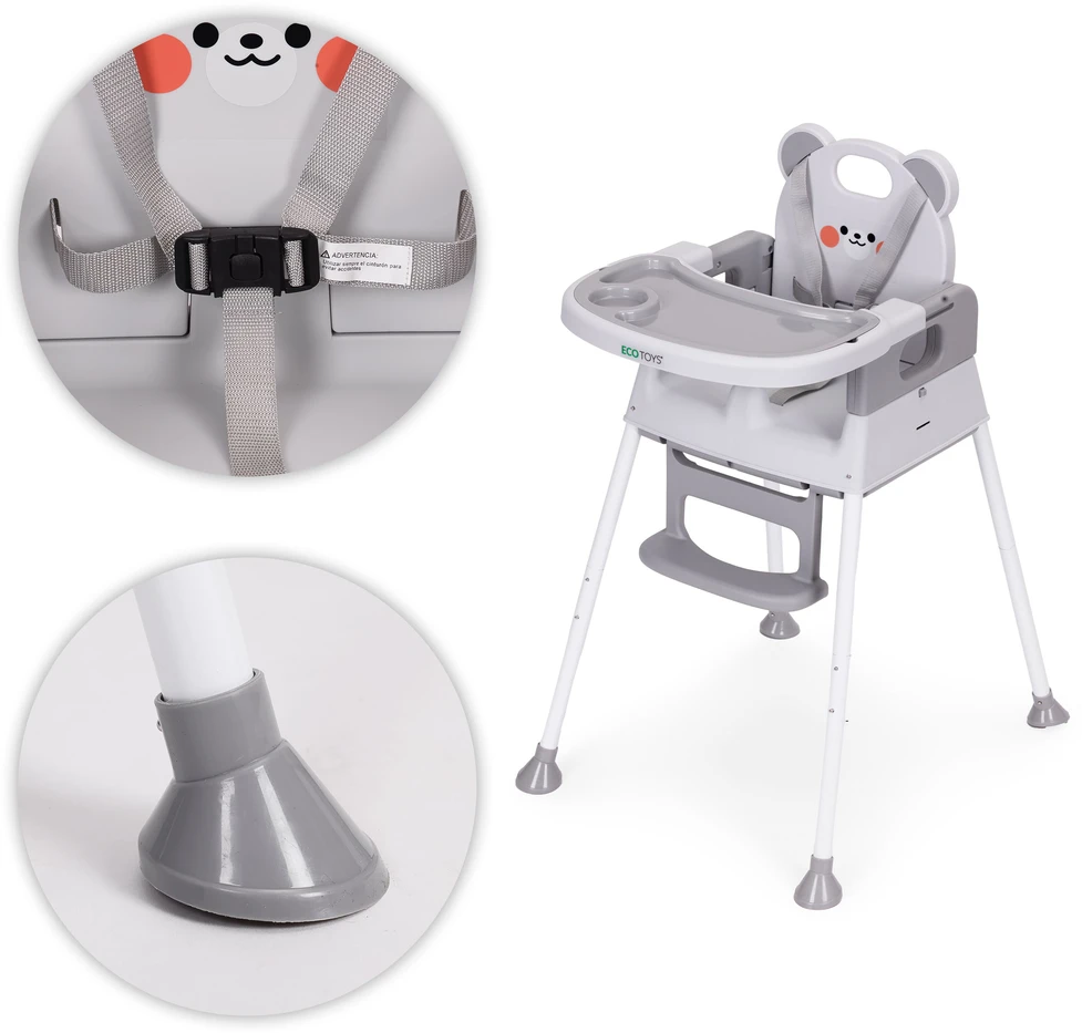 Vaikiška maitinimo kėdutė 3-in-1 su dvigubu padėklu ir 5 taškų saugos diržais, pilka ECOTOYS