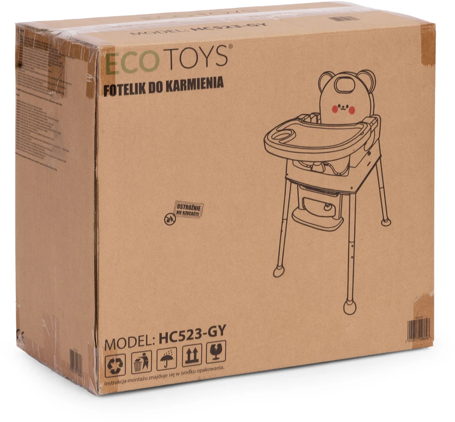 Vaikiška maitinimo kėdutė 3-in-1 su dvigubu padėklu ir 5 taškų saugos diržais, pilka ECOTOYS