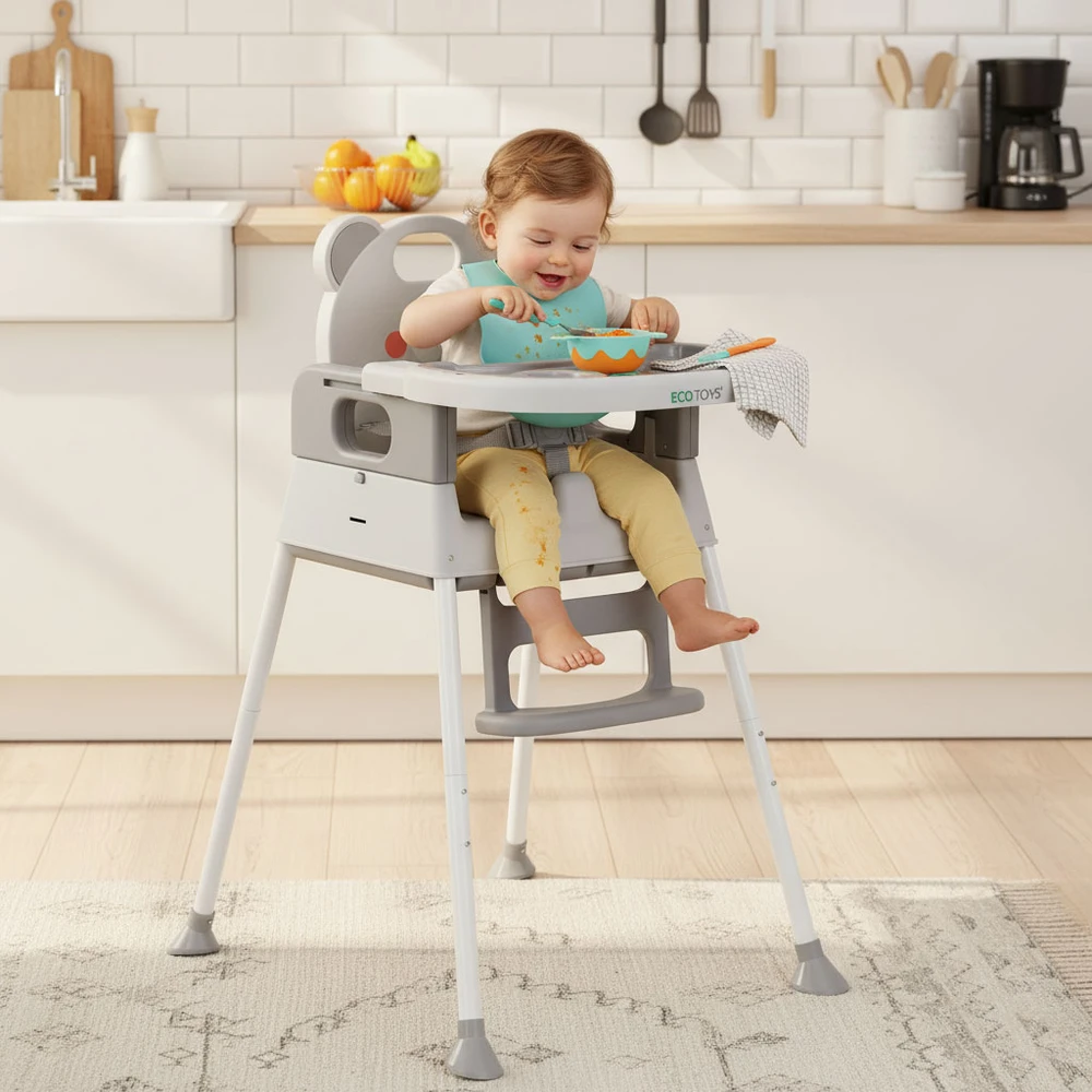 Vaikiška maitinimo kėdutė 3-in-1 su dvigubu padėklu ir 5 taškų saugos diržais, pilka ECOTOYS