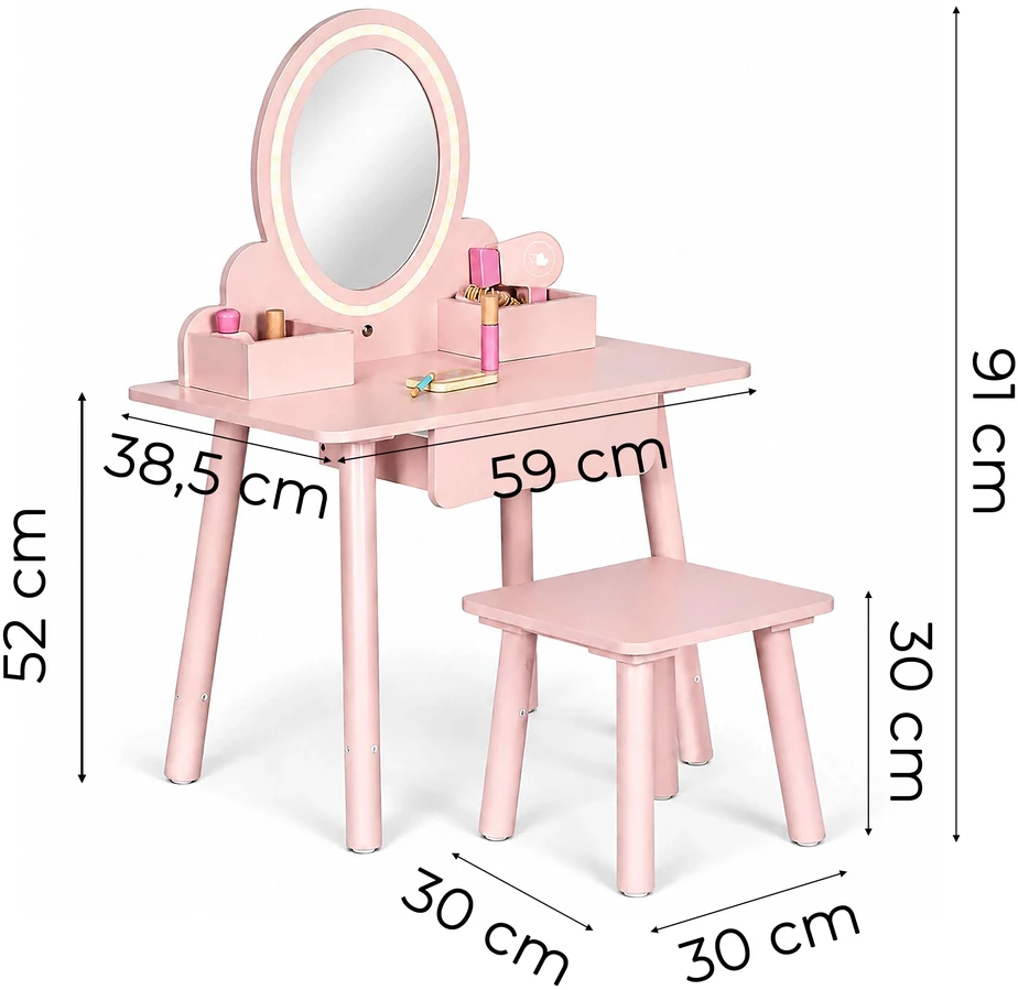 Vaikiškas medinis tualetinis staliukas su LED veidrodžiu, stalčiumi, kėdute ir 6 priedais, rožinis ECOTOYS