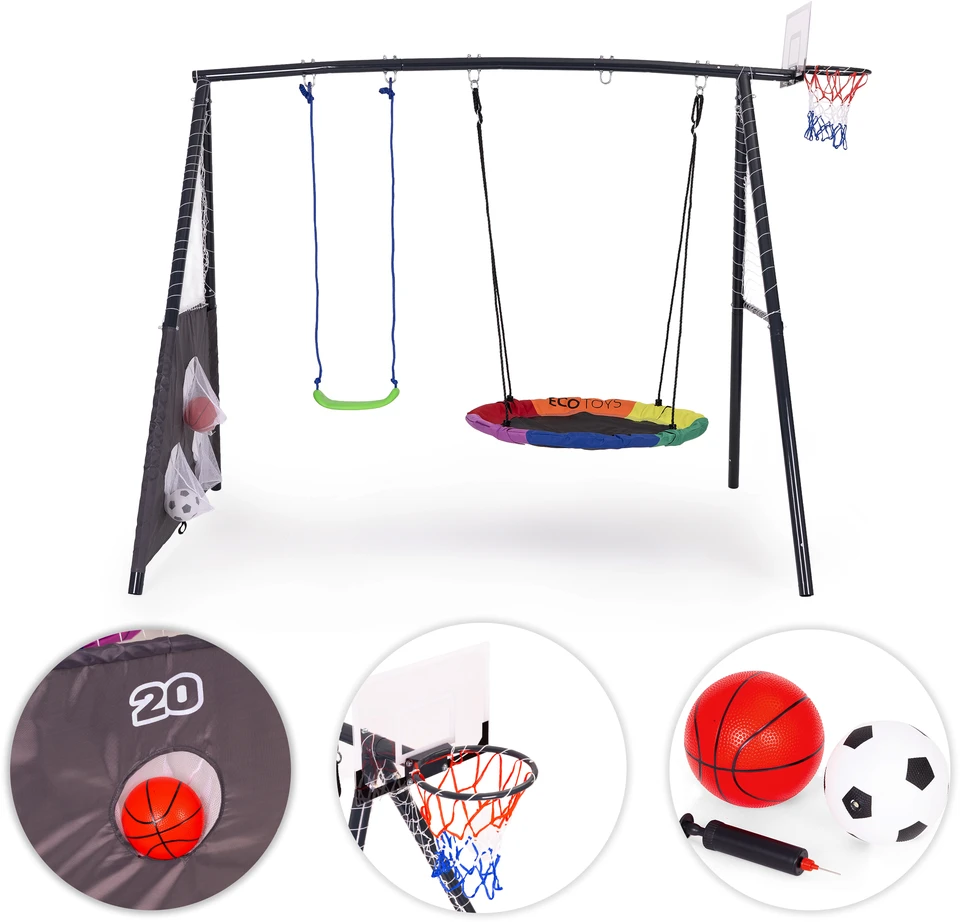 Vaikiškos sodo sūpynės 4-viename, gandro lizdas, krepšinio lankas su 2 kamuoliais, ECOTOYS