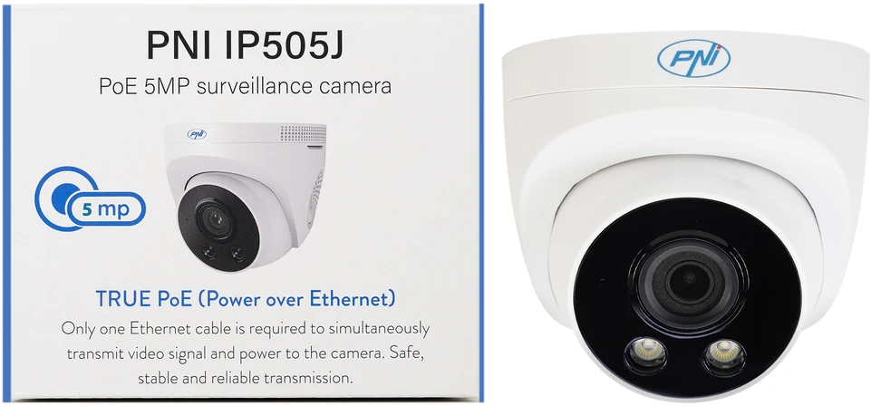 Vaizdo stebėjimo kamera PNI IP505J POE, 5MP, kupolinė, 2.8mm, skirta naudoti lauke, balta