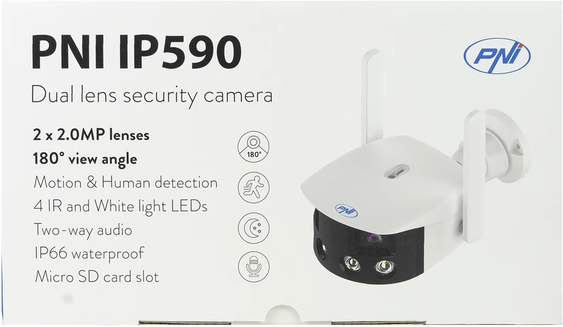 Vaizdo stebėjimo kamera PNI IP590, belaidė, su IP, dvigubas objektyvas, 2 x 2MP, 180 laipsnių, „micro SD“ kortelės lizdas
