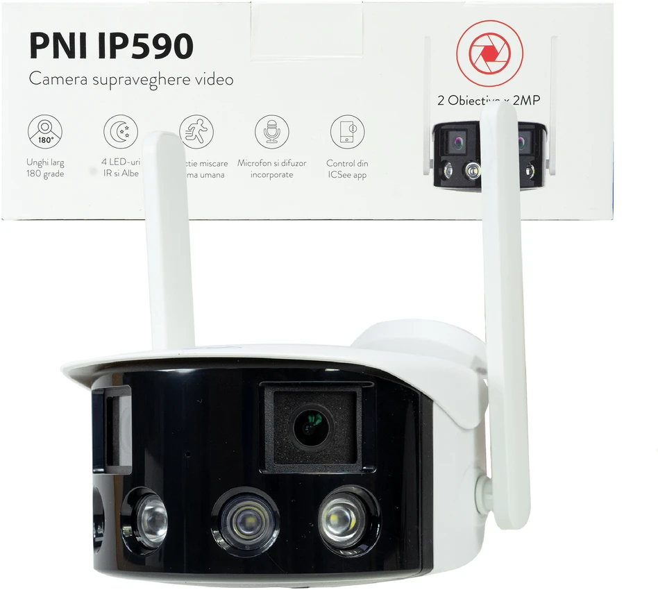 Vaizdo stebėjimo kamera PNI IP590, belaidė, su IP, dvigubas objektyvas, 2 x 2MP, 180 laipsnių, „micro SD“ kortelės lizdas