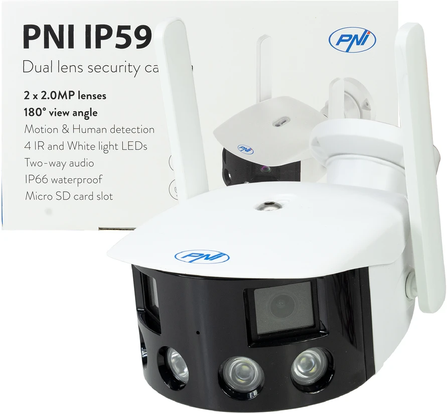 Vaizdo stebėjimo kamera PNI IP590, belaidė, su IP, dvigubas objektyvas, 2 x 2MP, 180 laipsnių, „micro SD“ kortelės lizdas