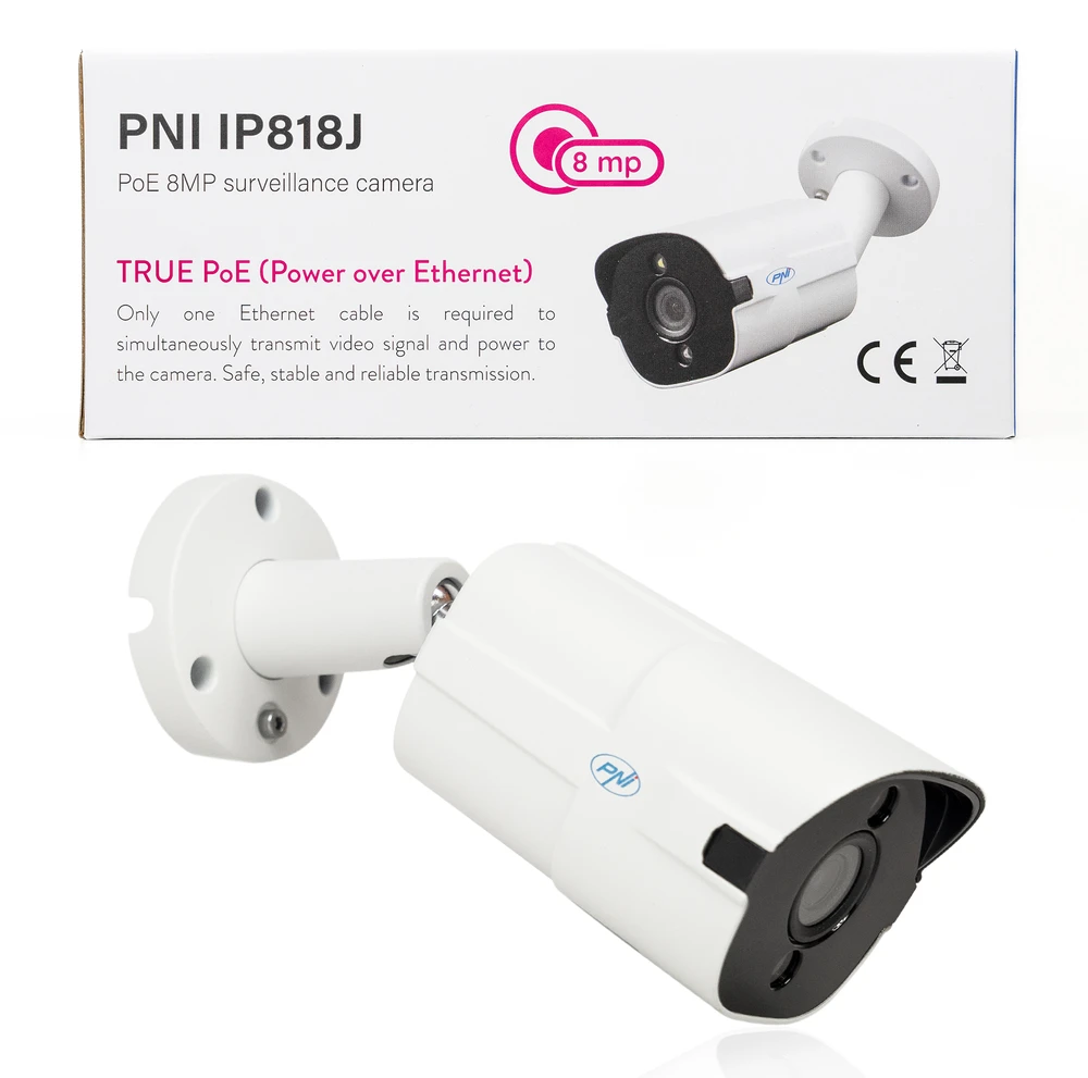 Vaizdo stebėjimo kamera PNI IP818J, POE, cilindrinė 8MP, 2.8mm, skirta naudoti lauke, balta