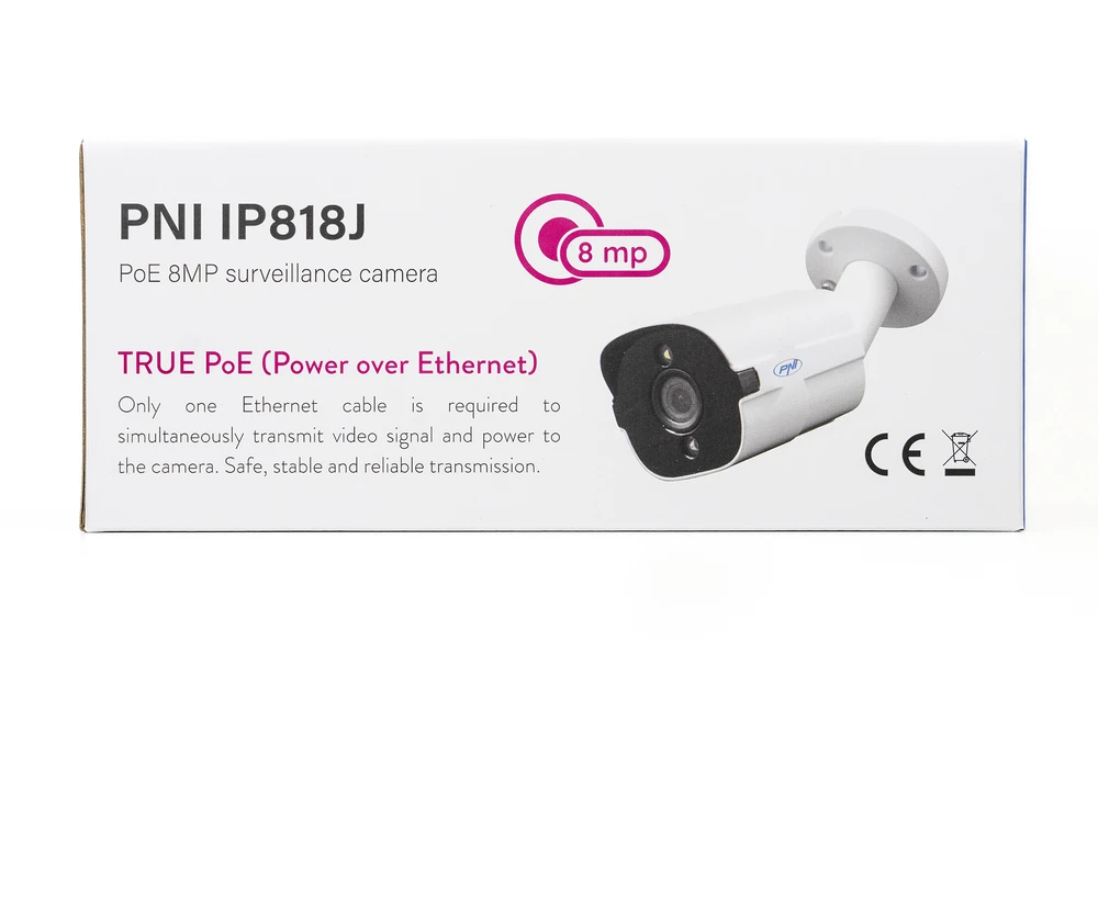 Vaizdo stebėjimo kamera PNI IP818J, POE, cilindrinė 8MP, 2.8mm, skirta naudoti lauke, balta
