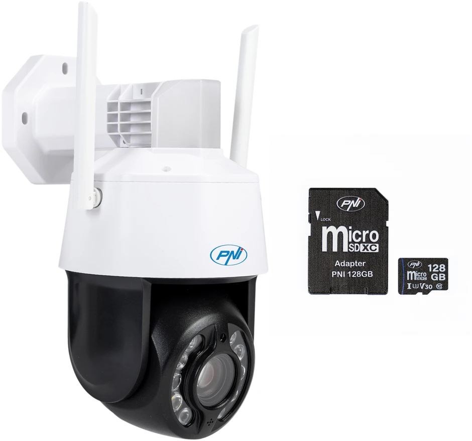Vaizdo stebėjimo kamerų komplektas PNI House IP575 5MP WiFi su IP + PNI 128GB MicroSD atminties kortele su SD adapteriu
