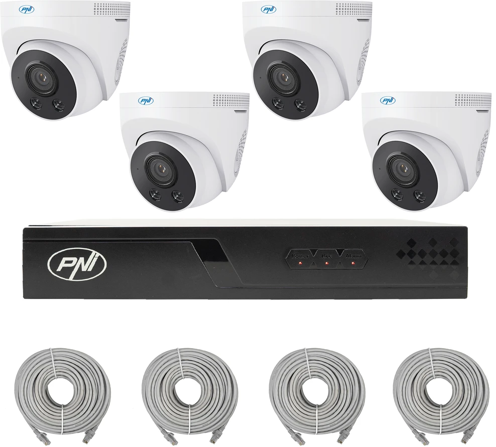 Vaizdo stebėjimo rinkinys NVR POE PNI House IP710J, 4 kameros PNI IP505J, 5MP ir pridedami kabeliai