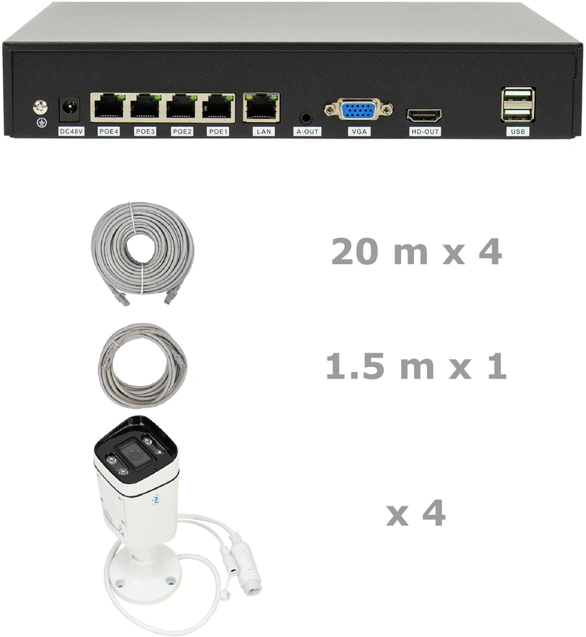 Vaizdo stebėjimo rinkinys NVR POE PNI House IP810, 4 PNI IP8POE kameros, 8MP ir pridedami kabeliai