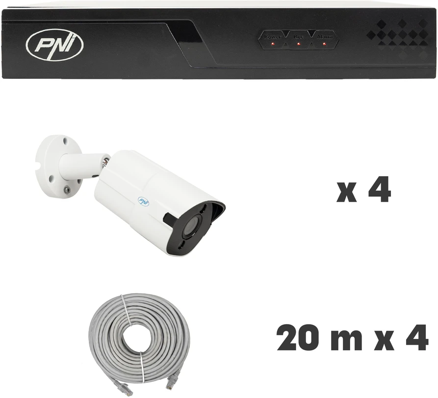Vaizdo stebėjimo rinkinys NVR POE PNI House IP710J, 4 kameros PNI IP818J, 8MP ir pridedami kabeliai