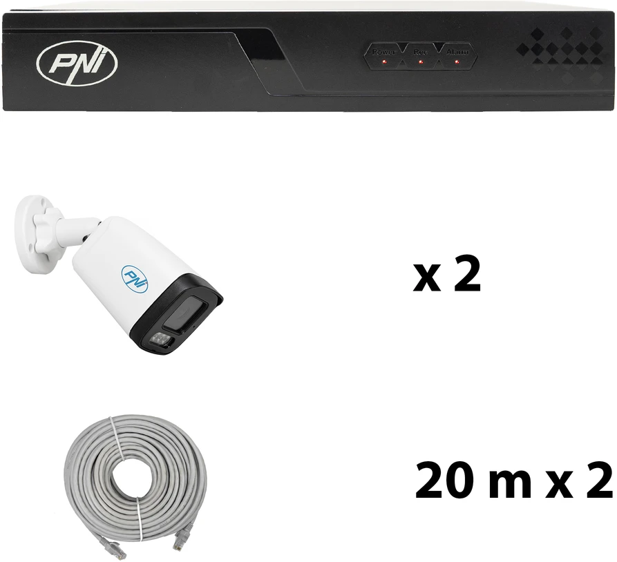 Vaizdo stebėjimo rinkinys NVR POE PNI House IP710J, 2 kameros PNI IP515J, 5MP ir pridedami kabeliai