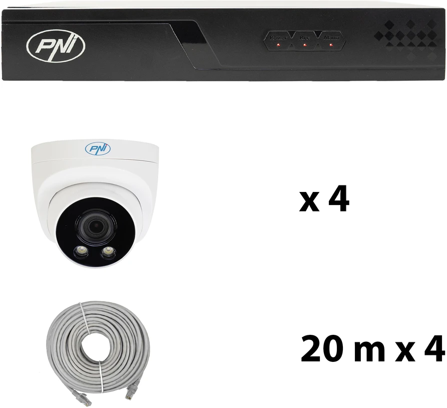 Vaizdo stebėjimo rinkinys NVR POE PNI House IP710J, 4 kameros PNI IP505J, 5MP ir pridedami kabeliai