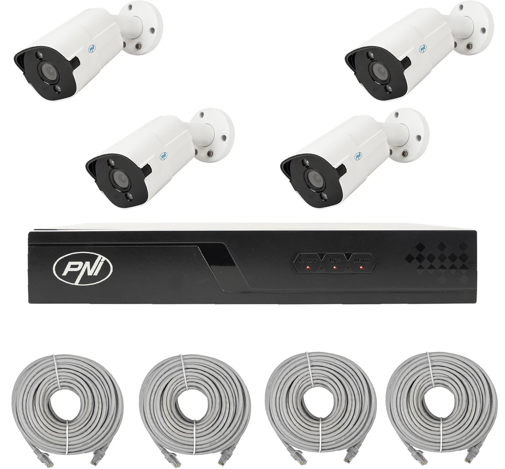 Vaizdo stebėjimo rinkinys NVR POE PNI House IP710J, 4 kameros PNI IP818J, 8MP ir pridedami kabeliai