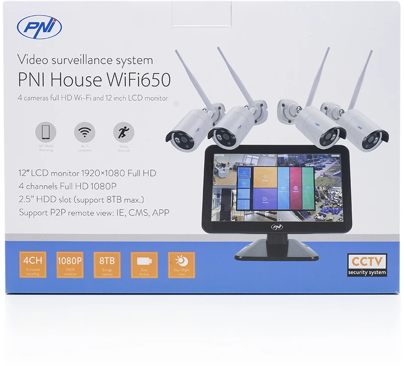 Vaizdo stebėjimo rinkinys PNI House WiFi650 – 4 Full HD „Wi-Fi“ P2P kameros ir 12 colių LCD monitorius