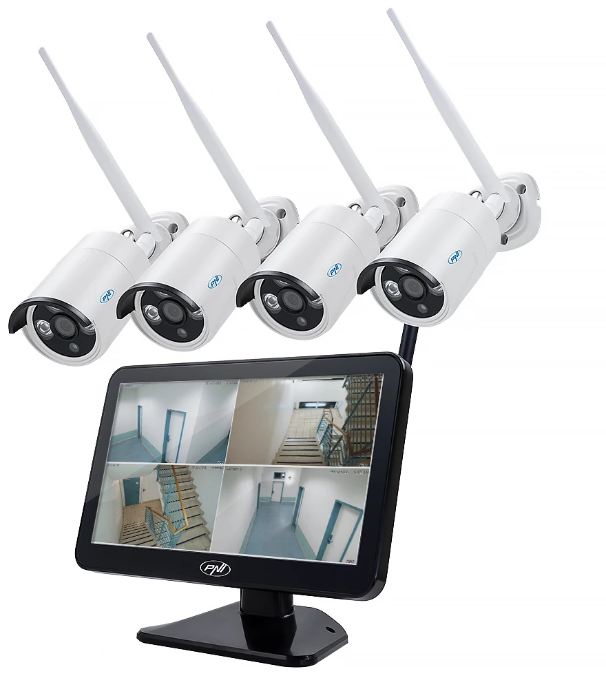 Vaizdo stebėjimo rinkinys PNI House WiFi650 – 4 Full HD „Wi-Fi“ P2P kameros ir 12 colių LCD monitorius