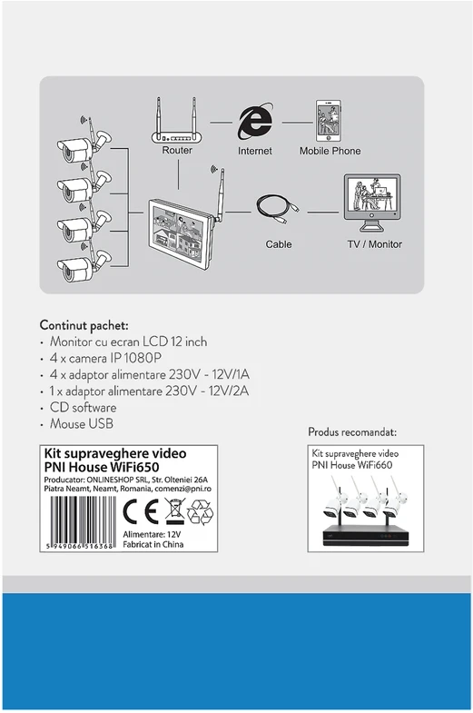 Vaizdo stebėjimo rinkinys PNI House WiFi650 – 4 Full HD „Wi-Fi“ P2P kameros ir 12 colių LCD monitorius