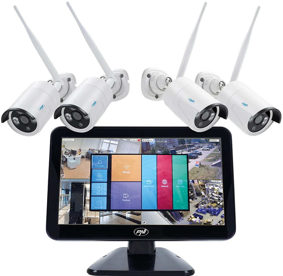 Vaizdo stebėjimo rinkinys PNI House WiFi650 – 4 Full HD „Wi-Fi“ P2P kameros ir 12 colių LCD monitorius