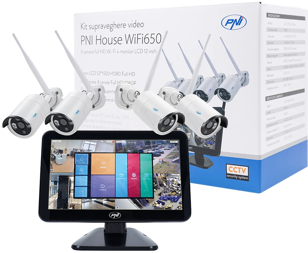 Vaizdo stebėjimo rinkinys PNI House WiFi650 – 4 Full HD „Wi-Fi“ P2P kameros ir 12 colių LCD monitorius